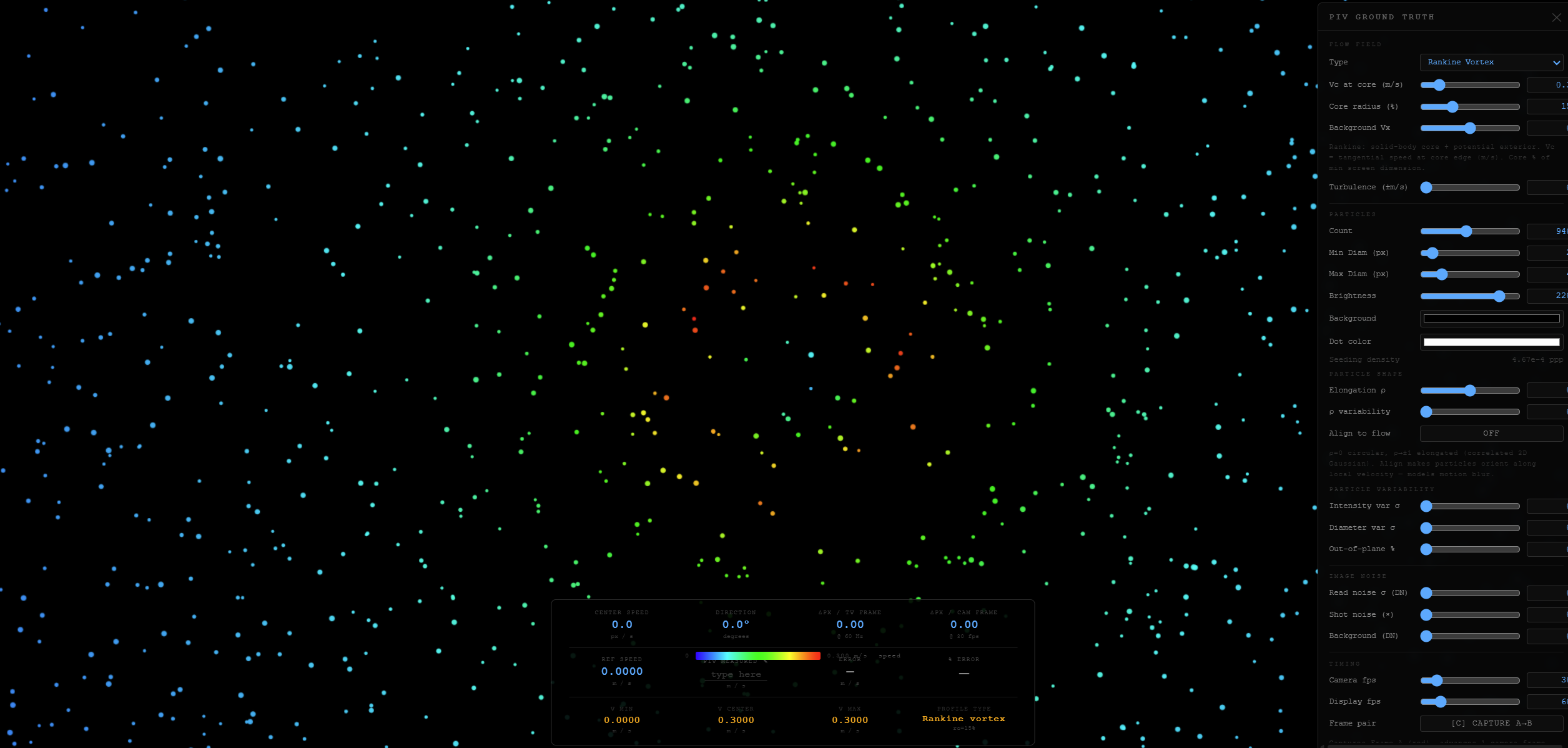 PIV simulator with linear shear flow and color-by-speed visualization